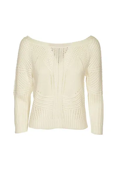 Alberta Ferretti Wide Neck Perforated Ribbed Top In White