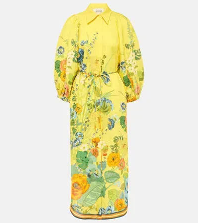 Alemais Floral Puff-sleeve Linen Midi Dress In Yellow