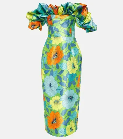 Alemais Floral Ruffled Satin Midi Dress In Multicoloured