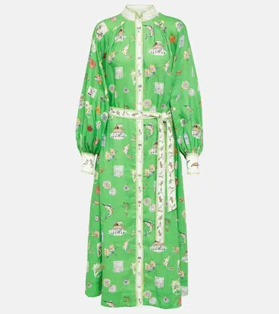 Alemais Printed Linen Midi Dress In Grün