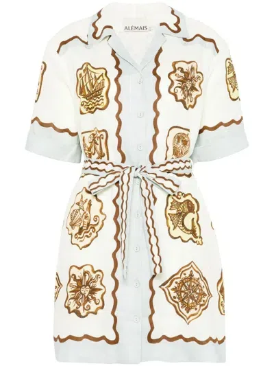 Alemais Womens Cream Relic Graphic-print Linen Mini Dress