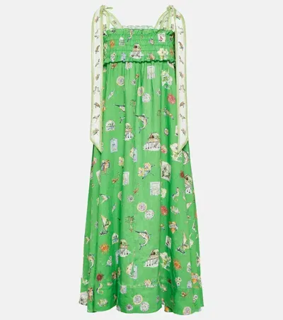 Alemais Shirred Printed Linen Midi Dress In Grün