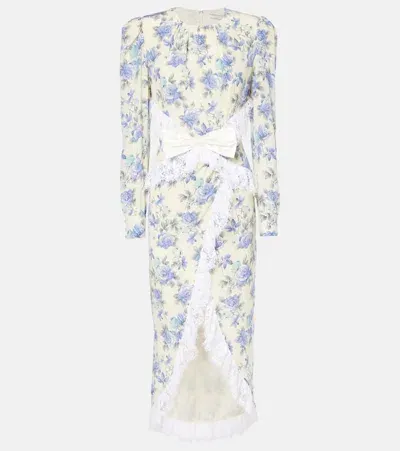 Alessandra Rich Bow-detail Lace-trimmed Silk Maxi Dress In Blue