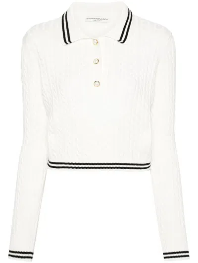 Alessandra Rich Cropped Striped Cable-knit Cotton Sweater In White