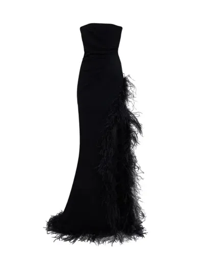 Alessandra Rich Cady Dress With Feathers And Split In Black