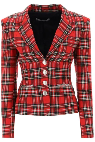 Alessandra Rich Wool Single-breasted Jacket With Tartan Motif In Black