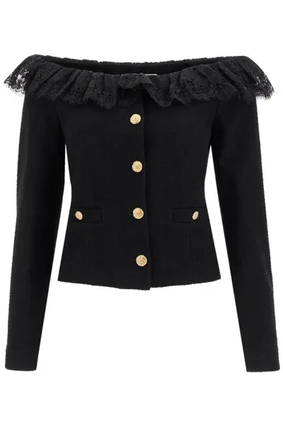 Alessandra Rich Blazer Off Shoulder In Tweed Bouclé In Black