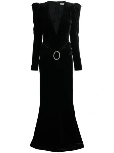 Alessandra Rich Deep Neckline Velvet Long Dress In Black