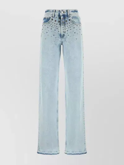 Alessandra Rich Denim Wide Jeans W/ Studs In Light Blue