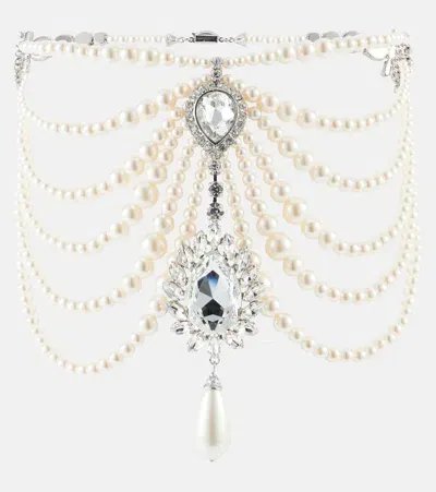 Alessandra Rich Embellished Faux Pearl Necklace In Crystal/white