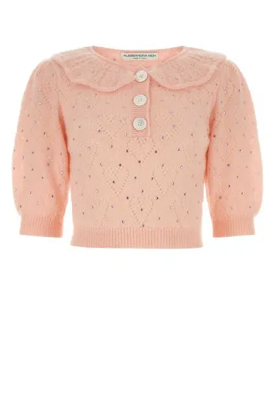 Alessandra Rich Embellished Short Puff Sleeved Knitted Top In Pink