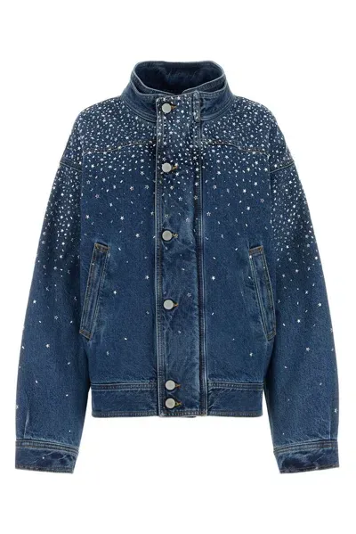 Alessandra Rich Hotfix Denim Bomber Jacket In Blue