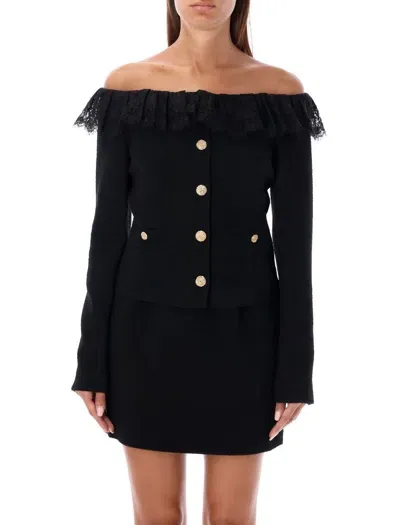 Alessandra Rich Off-the-shoulder Crystal-embellished Lace-trimmed Wool-blend Tweed Jacket In Black