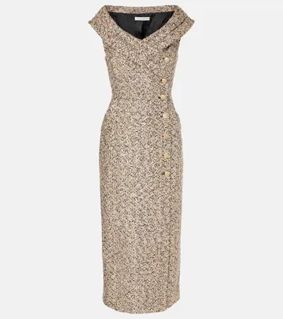 Alessandra Rich Off-shoulder Tweed Lamé Midi Dress In Gold