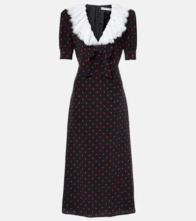 Alessandra Rich Polka-dot Lace-trimmed Silk Midi Dress In Black