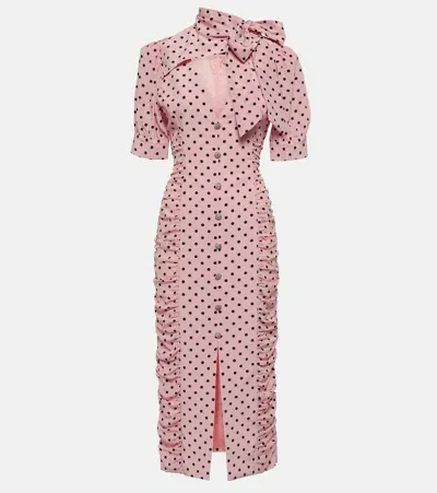 Alessandra Rich Polka-dot Tie-neck Silk Midi Dress In Pink