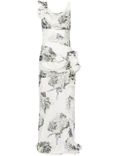 Alessandra Rich Rose-print Silk Gown In White