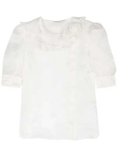 Alessandra Rich White Floral-appliquéd Silk Blouse In Weiss