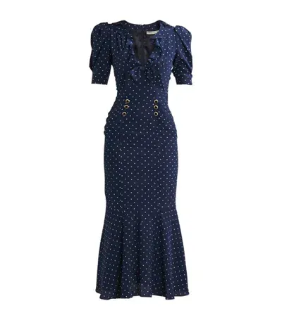 Alessandra Rich Silk Polk Dot Midi Dress In Blue