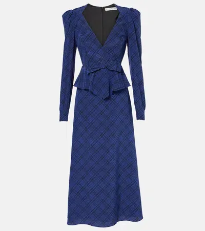 Alessandra Rich Tartan Silk Midi Dress In Bluette / Black