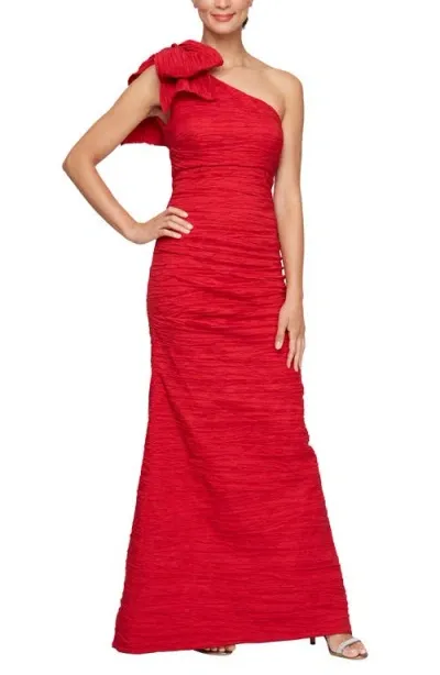 Alex Evenings Bow Detail One-shoulder Ruched Satin Gown In Red