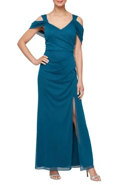 Alex Evenings Embellished Cold Shoulder Chiffon Gown In Peacock