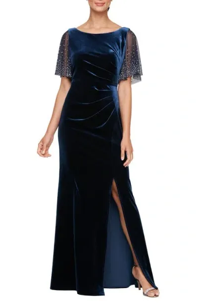 Alex Evenings Embellished Flutter Sleeve Velvet Trumpet Gown In Navy