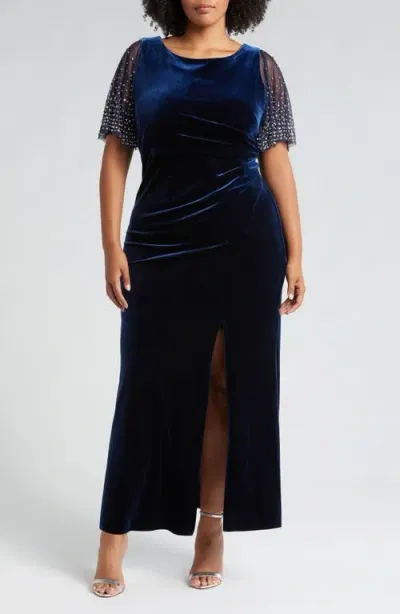 Alex Evenings Embellished Flutter Sleeve Velvet Trumpet Gown In Navy