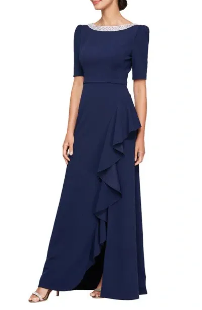 Alex Evenings Embellished Neck Ruffle Gown In Navy