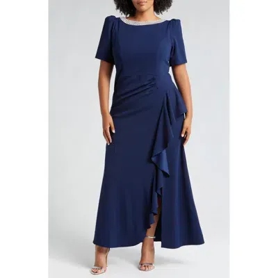 Alex Evenings Embellished Ruffle Gown In Navy