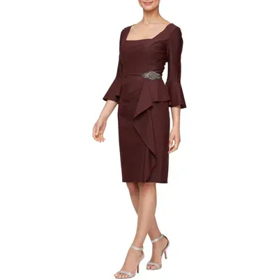 Alex Evenings Embellished Ruffle Square Neck Sheath Cocktail Dress In Maroon