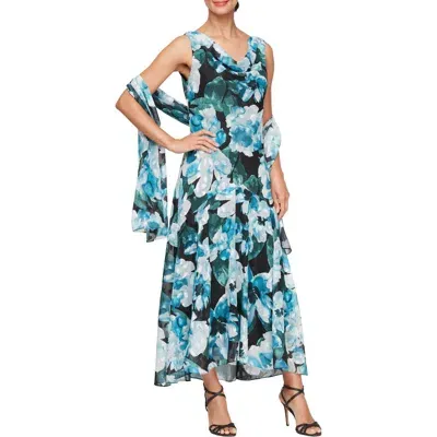 Alex Evenings Floral Burnout Cocktail Dress With Shawl In Teal Multi