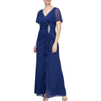 Alex Evenings Flutter Sleeve Faux-wrap Gown In Electric/blue