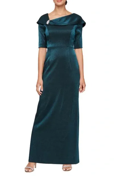 Alex Evenings Foldover Column Gown In Black,teal