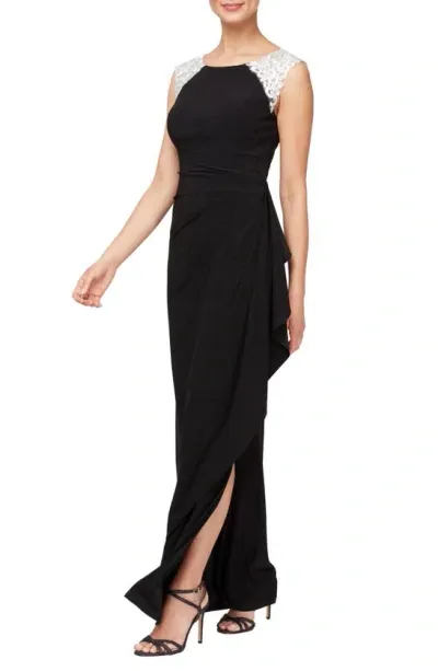 Alex Evenings Gathered Lace Gown In Black White