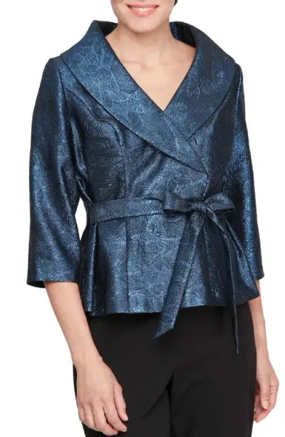 Alex Evenings Metallic Jacquard Portrait Collar Faux Wrap Top In Royal