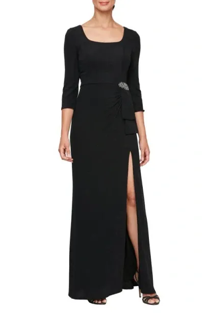 Alex Evenings Metallic Knit Gown In Black