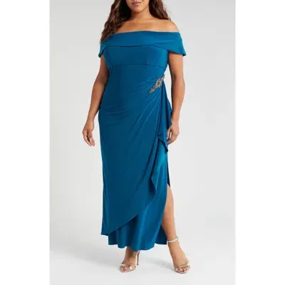 Alex Evenings Off The Shoulder Embellished Column Gown In Deep Teal