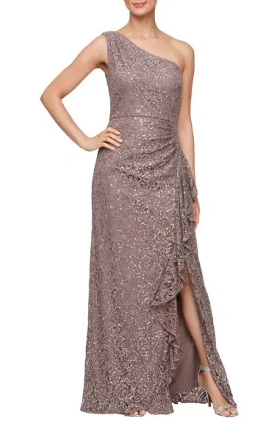 Alex Evenings One-shoulder Sequin Lace A-line Gown In Mocha