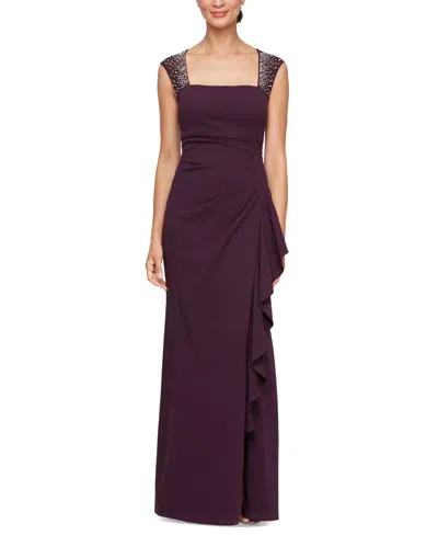 Alex Evenings Petite Studded-strap Waterfall-ruffle Evening Gown In Aubergine