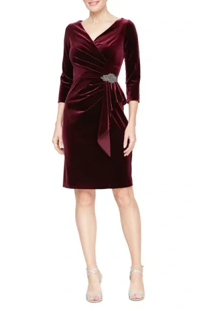 Alex Evenings Pleated Velvet Sheath Cocktail Dress In Wine