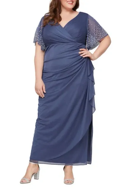 Alex Evenings Rhinestone Sleeve Chiffon Gown In Violet