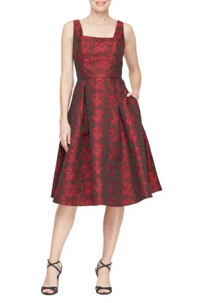 Alex Evenings Women's Square-neck Jacquard Fit & Flare Dress In Black,red