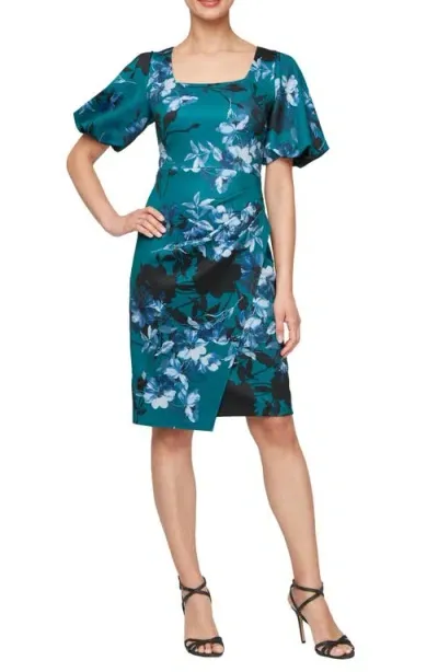 Alex Evenings Ruched Ruffle Sheath Dress In Teal Multi