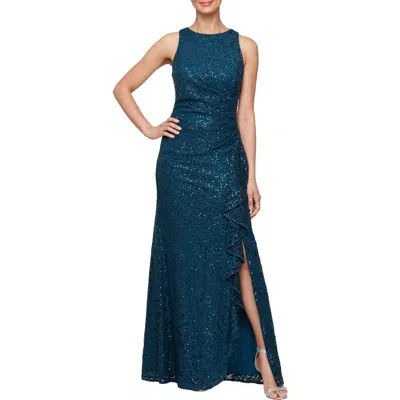 Alex Evenings Ruffle Sequin Lace Gown In Deep Teal