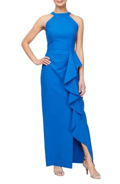 Alex Evenings Ruffle Trim Column Gown In Royal