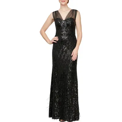 Alex Evenings Women's Sequin Illusion Feather Gown In Black