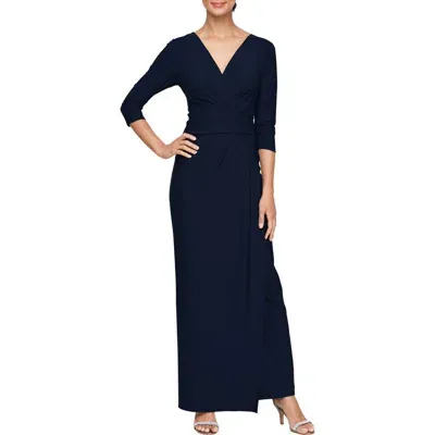 Alex Evenings Surplice Neck Column Gown In Navy