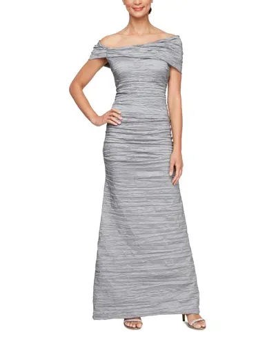 Alex Evenings Women's Crinkled Off-the-shoulder Gown In Platinum