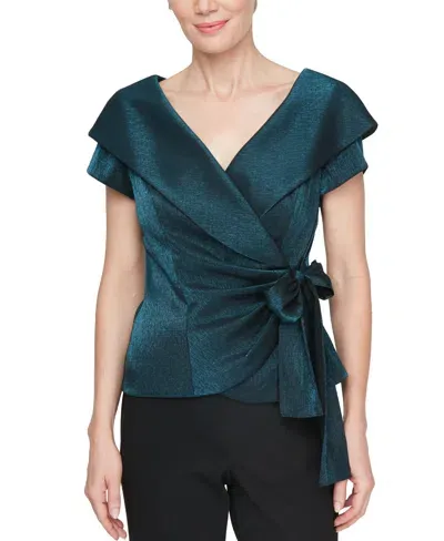 Alex Evenings Women's Portrait-collar Tie-waist Blouse In Teal